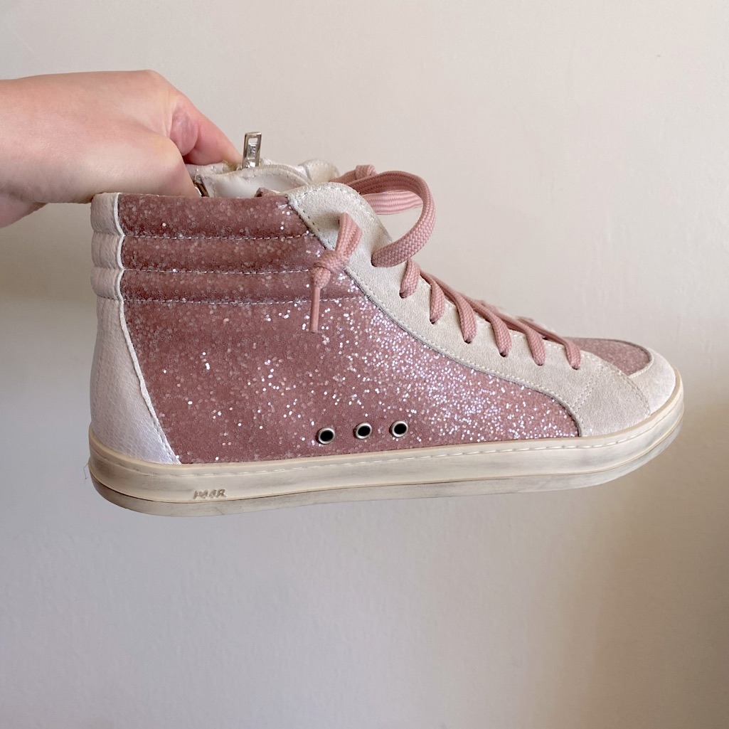 P448 Pink Glitter White Distressed Leather High Top Sneakers
